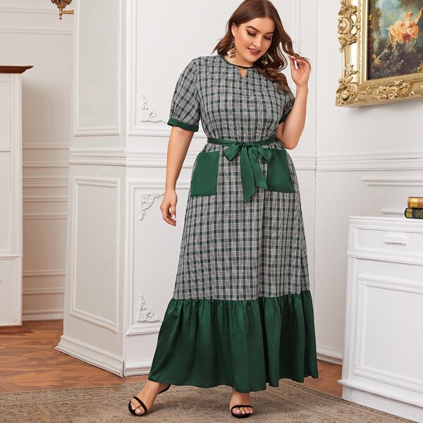 

Plus Keyhole Neck Patch Pocket Belted Ruffle Dress, Green