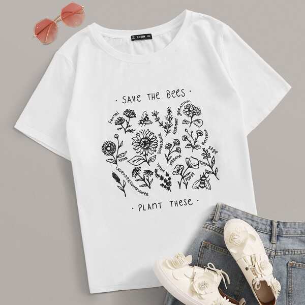

Plus Floral and Slogan Graphic Top, White