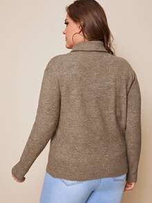 SHEIN Plus Drop Shoulder Funnel Neck Split Detail Sweater - Mocha Brown - View 2