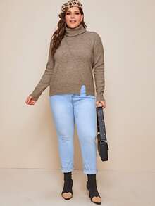 SHEIN Plus Drop Shoulder Funnel Neck Split Detail Sweater - Mocha Brown - View 3