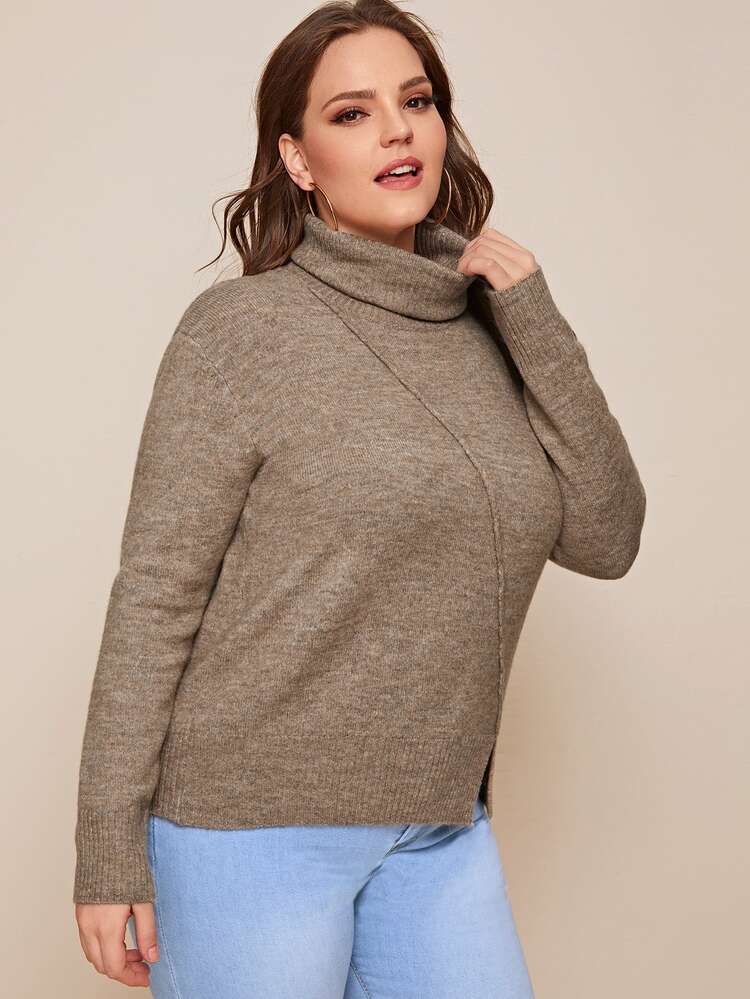 SHEIN 大碼落肩漏斗領開衩細節毛衣 - 摩卡棕 - 查看 5