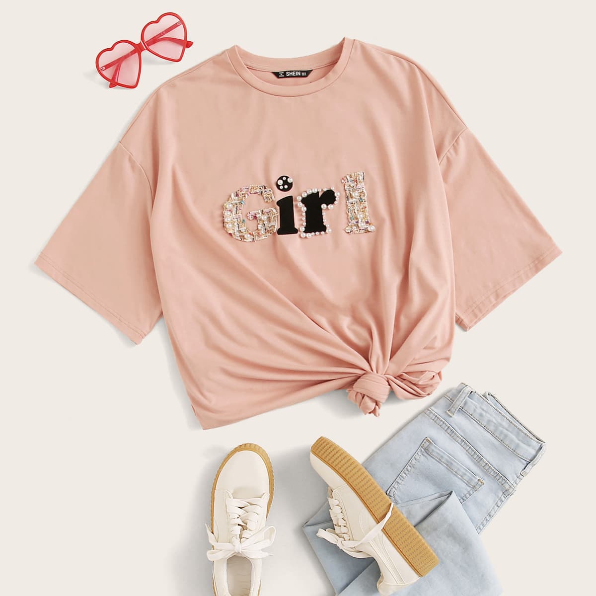 

Pearl Beaded Letter Patched Tee, Pink