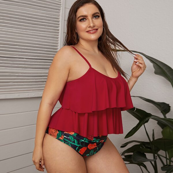 

Plus Tiered Layer Floral High Waisted Bikini Swimsuit, Multicolor