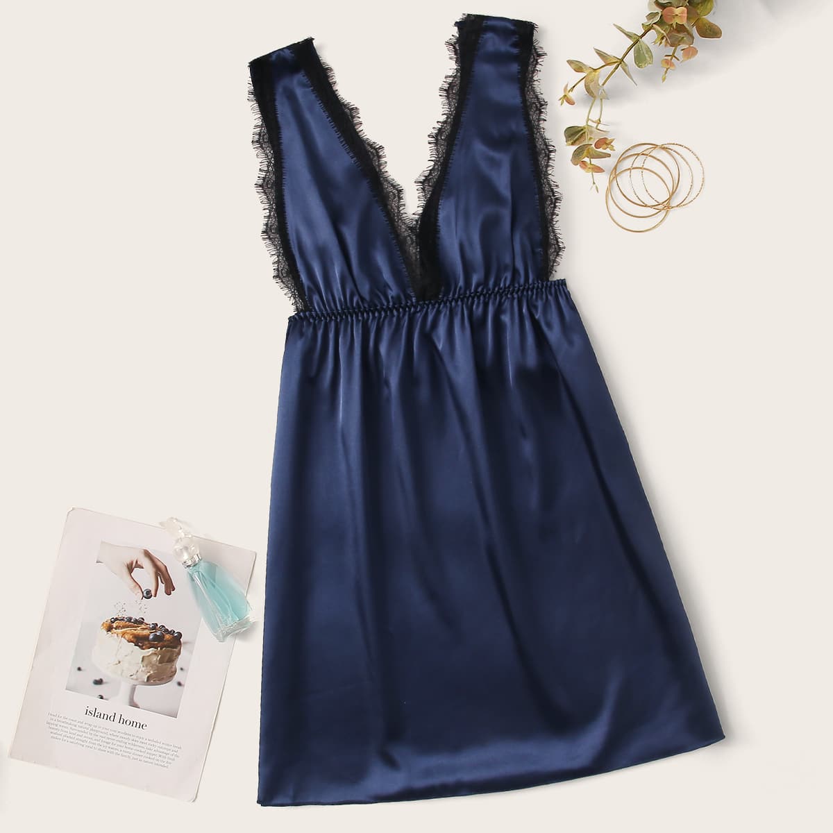 

Lace Trim Satin Night Dress, Navy