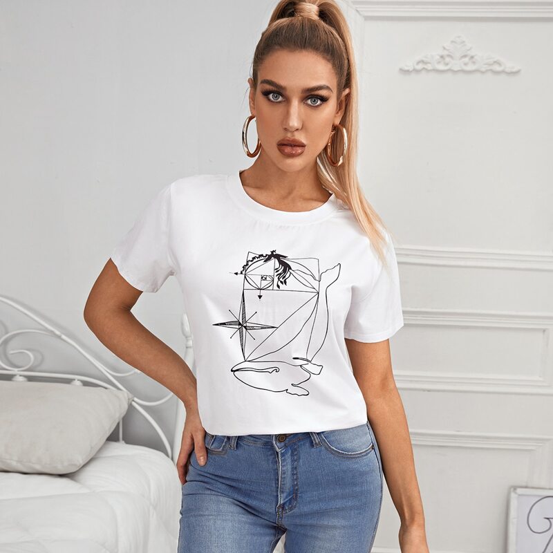 

Cartoon Graphic Round Neck Tee, White