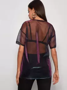 SHEIN Essnce 落肩金屬質感透明網紗上衣不帶胸罩 - 彩色 - 查看 2