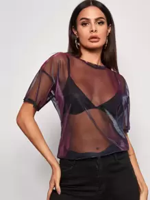 SHEIN Essnce 落肩金屬質感透明網紗上衣不帶胸罩 - 彩色 - 查看 5