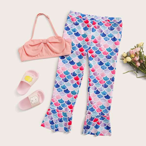 

Girls Halter Top With Fish Scale Pants 2pcs Swimsuit, Multicolor