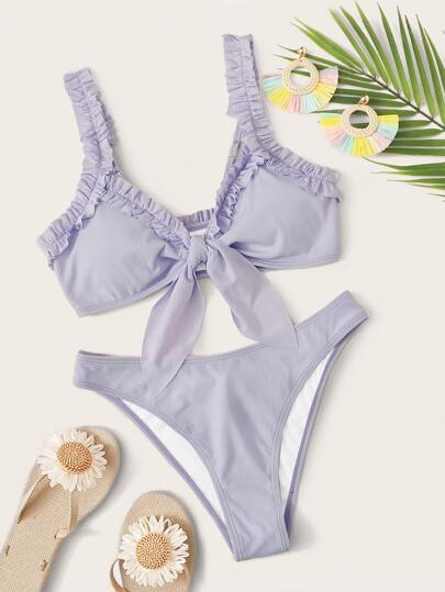 Rib Frill Trim Knot Front Top With High Cut Bikini