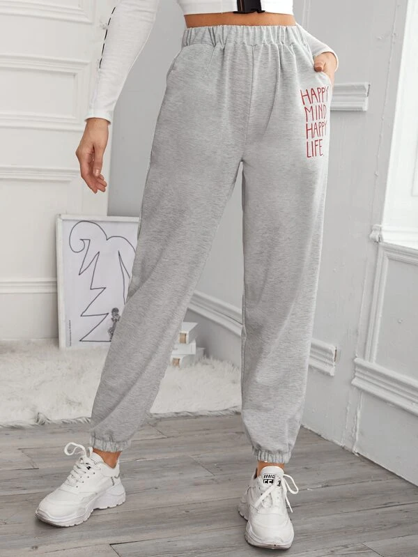 Grijs Sport Slogan Broeken Zak | SHEIN Nederland