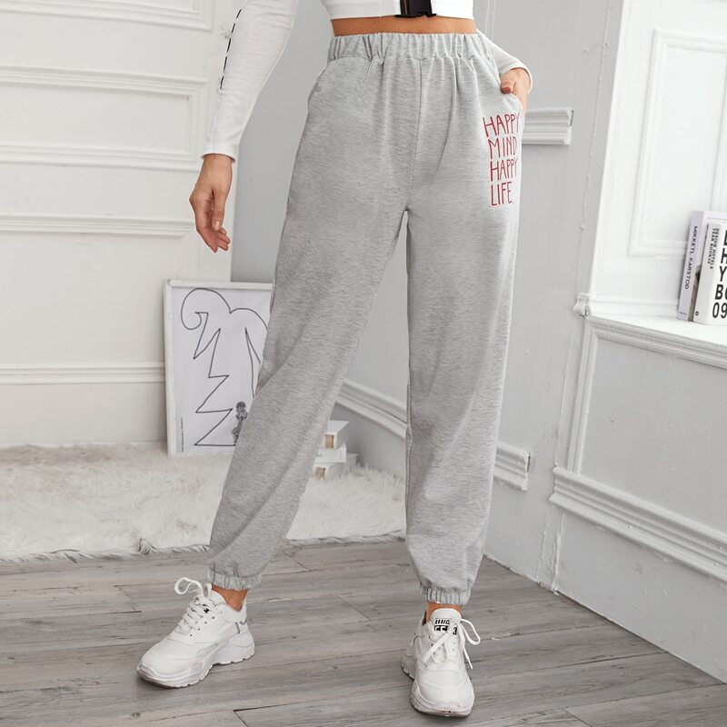 

Slogan Graphic Pocket Side Sweatpants, Grey