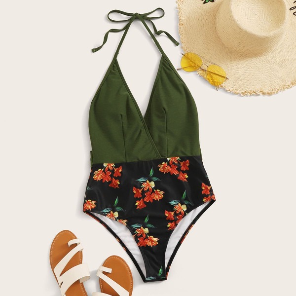 

Floral Print Halter One Piece Swimwear, Multicolor