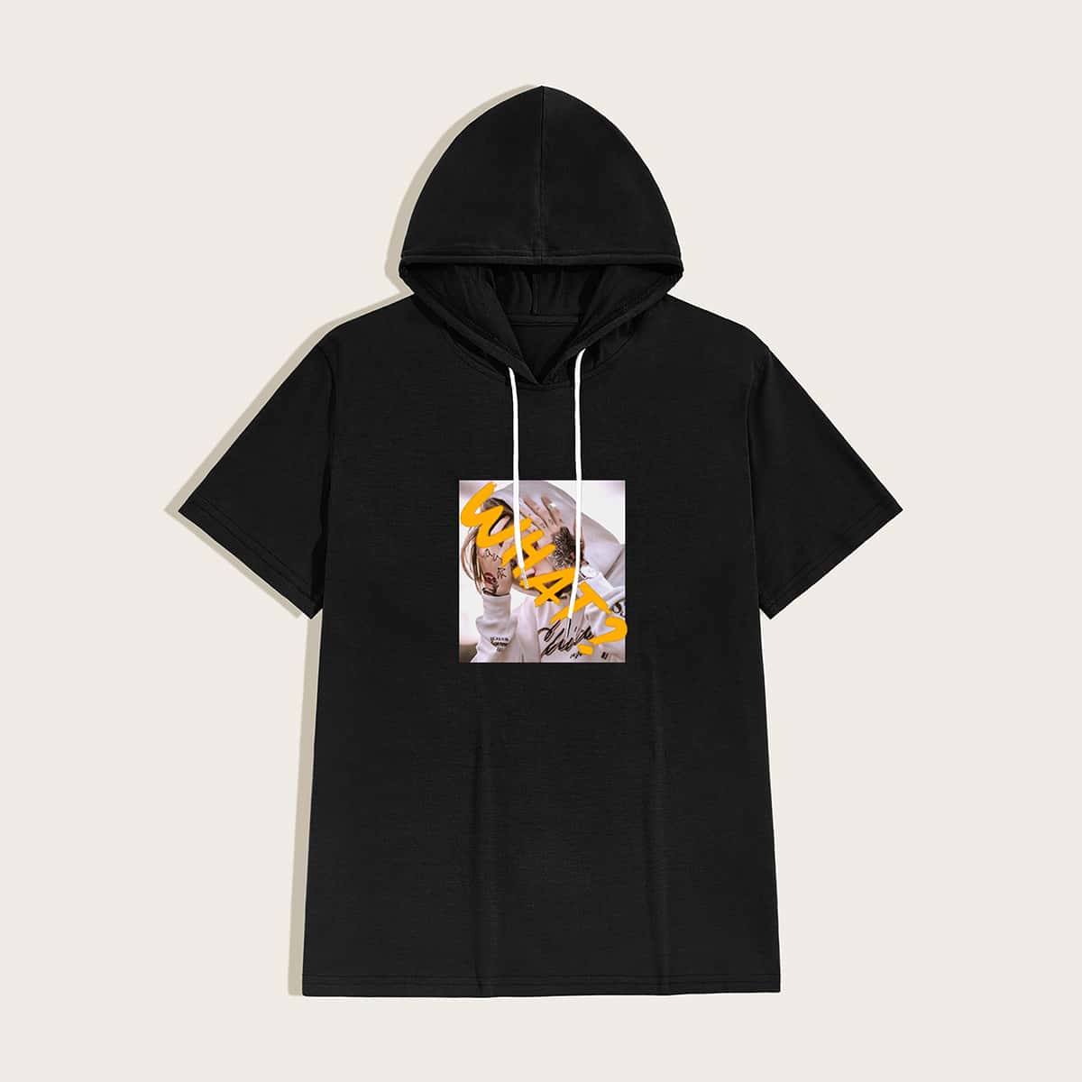 

Guys Letter Graphic Drawstring Hooded Tee, Black