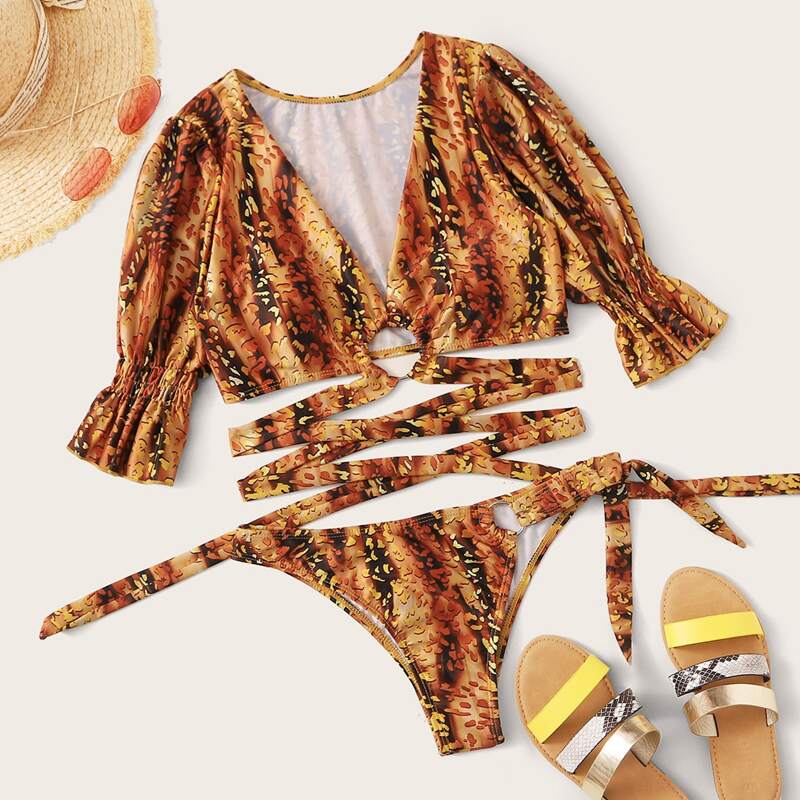 

Leopard Short Sleeve Top With High Cut 2pcs Swimsuit, Multicolor