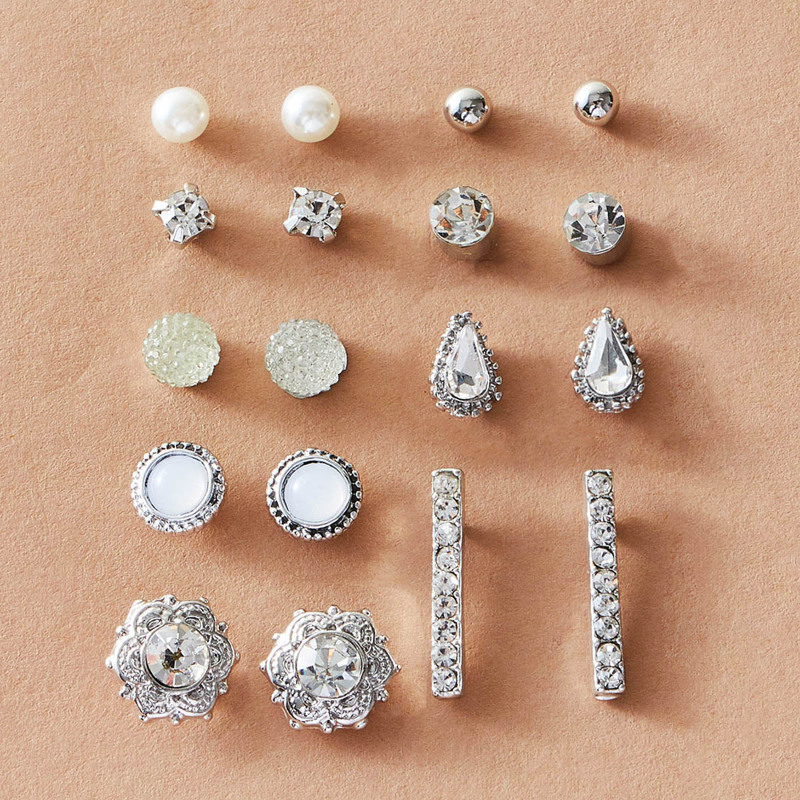 

9pairs Rhinestone & Faux Pearl Decor Earrings, Multicolor
