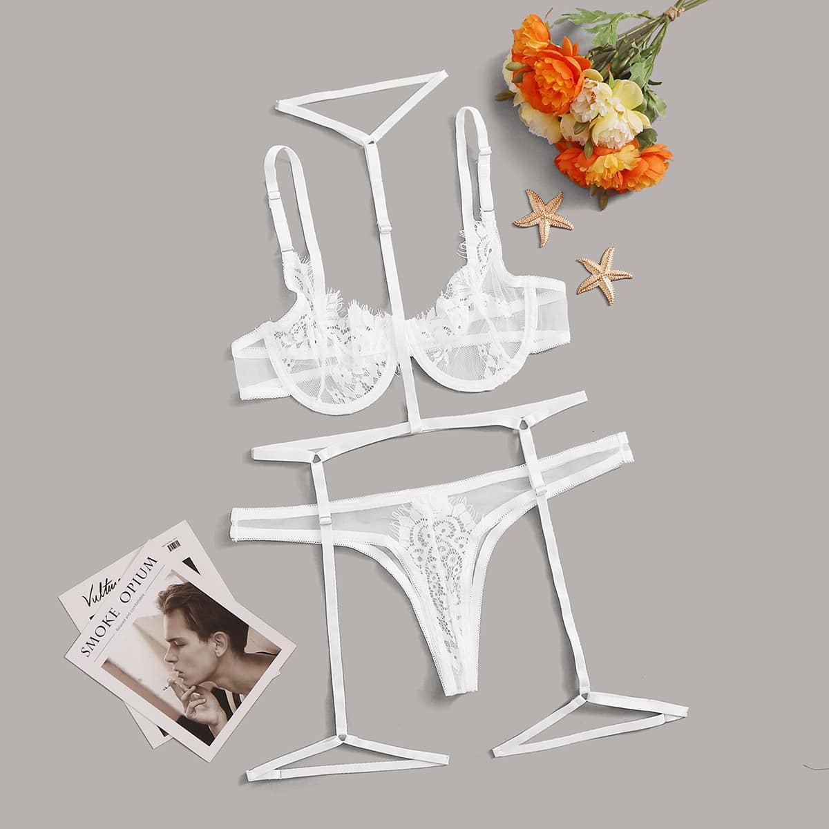 

Floral Embroidery Mesh Underwire Garter Lingerie Set & Choker, White