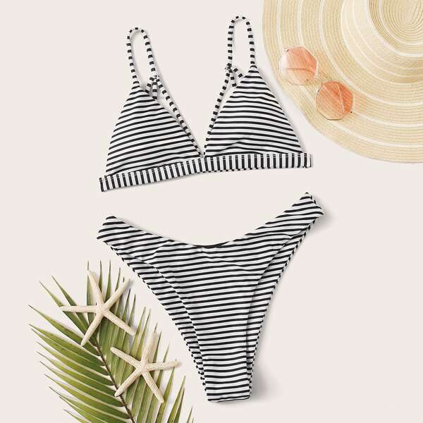 

Striped Triangle Top With High Cut Bikini Set, Black and white