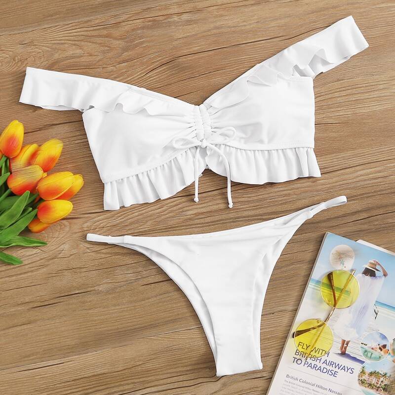 

Drawstring Ruffle Tanga Bikini Swimsuit, White