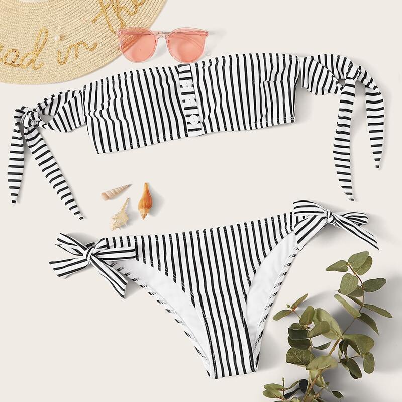 

Striped Bandeau With Tie Side Bikini Set, Black and white