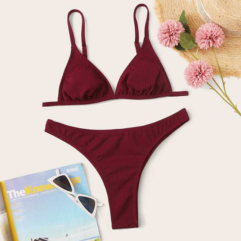 

Rib Triangle Top With High Cut Bikini Set, Red
