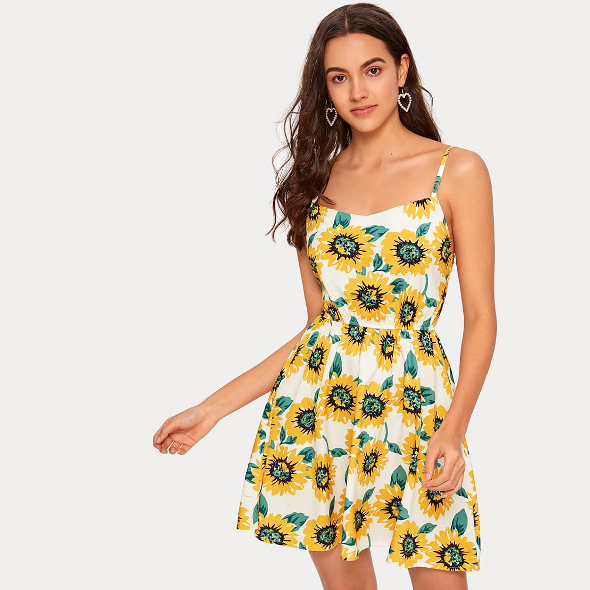 

Sunflower Print Flared Hem Cami Dress, Multicolor