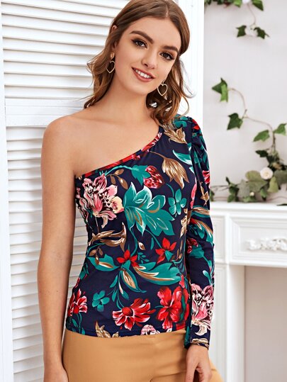 One Shoulder Floral Print Tee