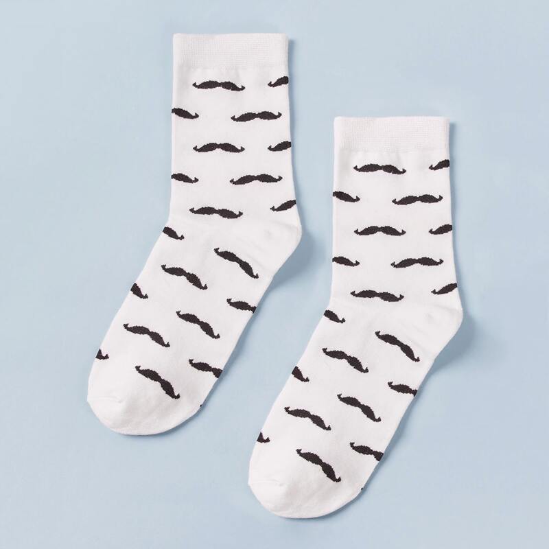 

1pair Guys Moustache Pattern Socks, White