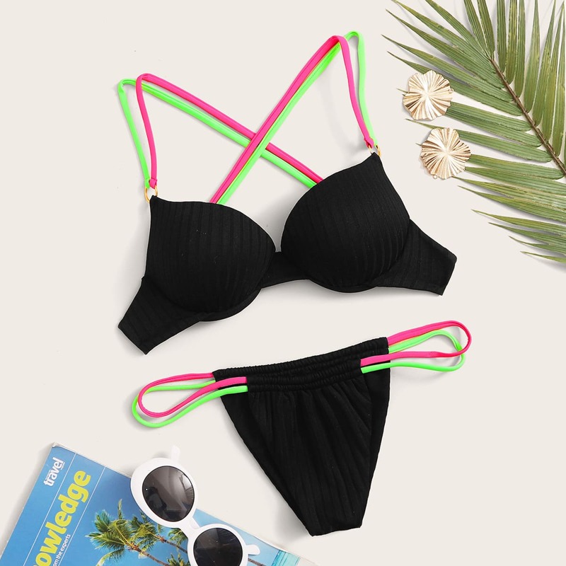 

Rib Underwire Criss Cross Top With Thong Bikini Set, Black