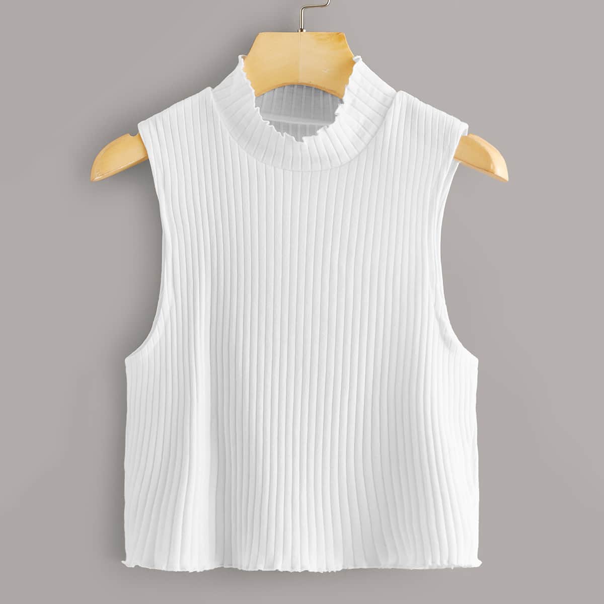 

Solid Mock Neck Ribbed Tank Top, White