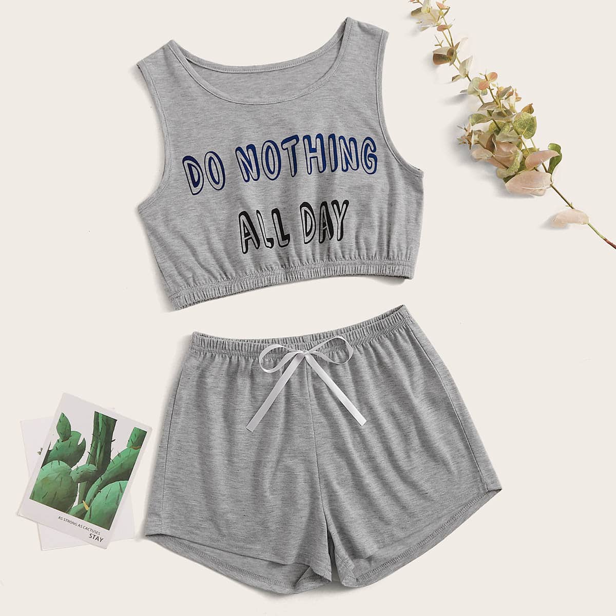 

Letter Graphic Tie Front PJ Set, Grey