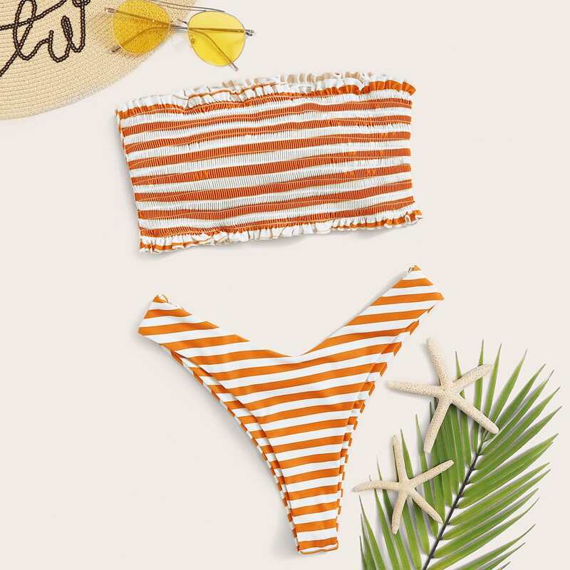 

Striped Smocked Bandeau High Cut Bikini Swimsuit, Orange