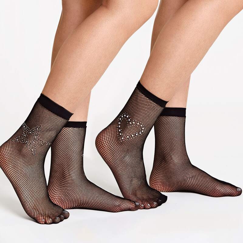 

2pairs Star & Heart Decor Fishnet Socks, Black