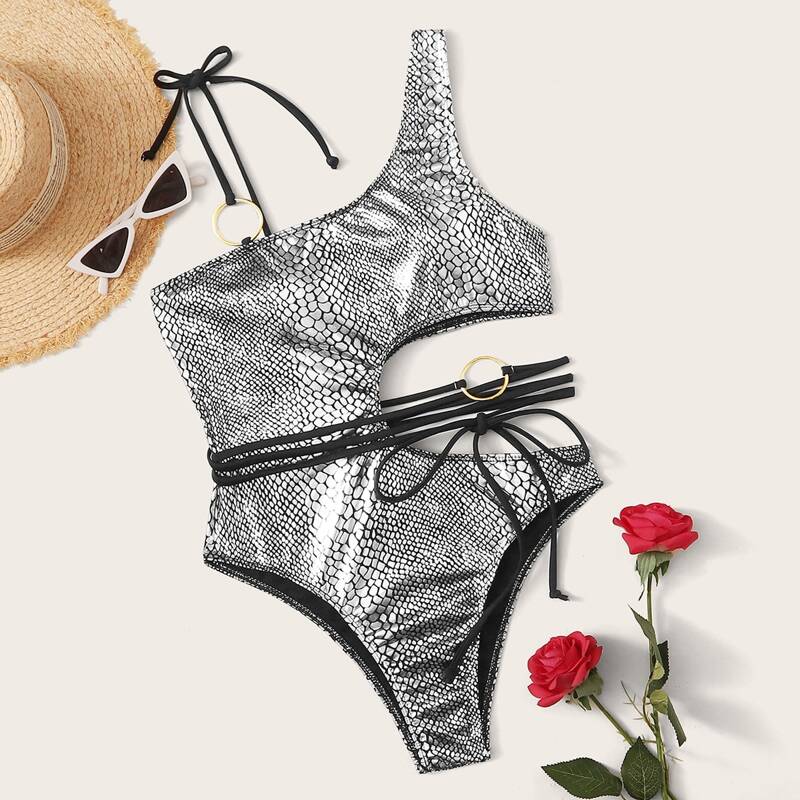 

Crocodile Ring Linked One Piece Swimsuit, Grey