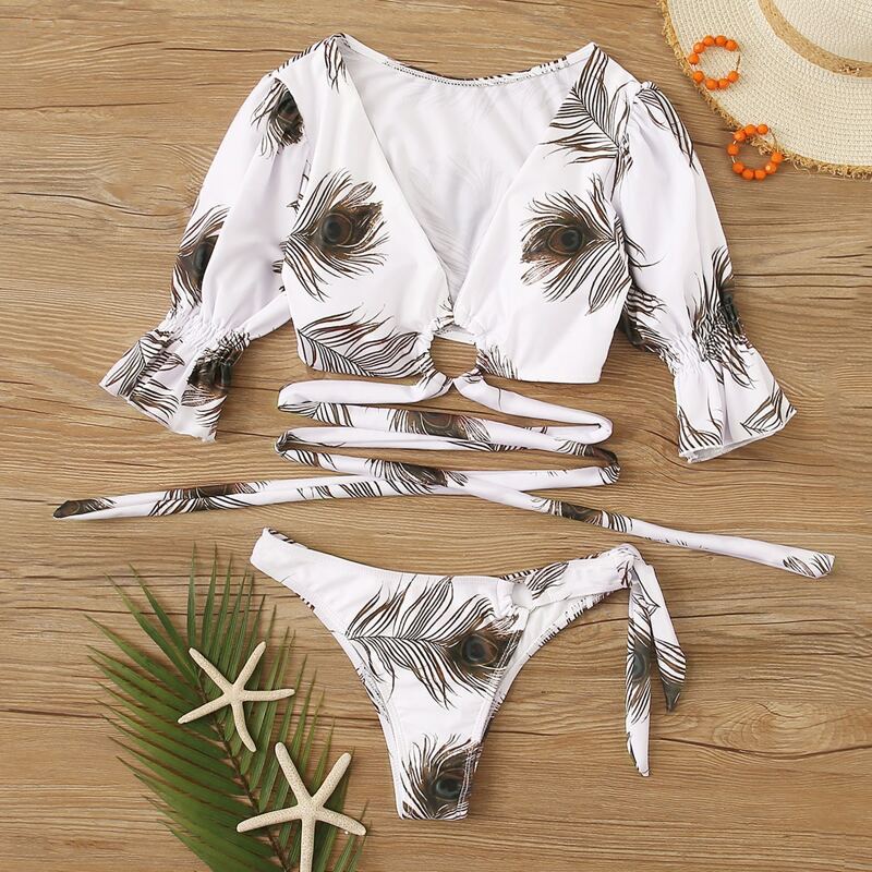 

Feather Random Print Half Sleeve High Cut Bikini Swimsuit, Multicolor