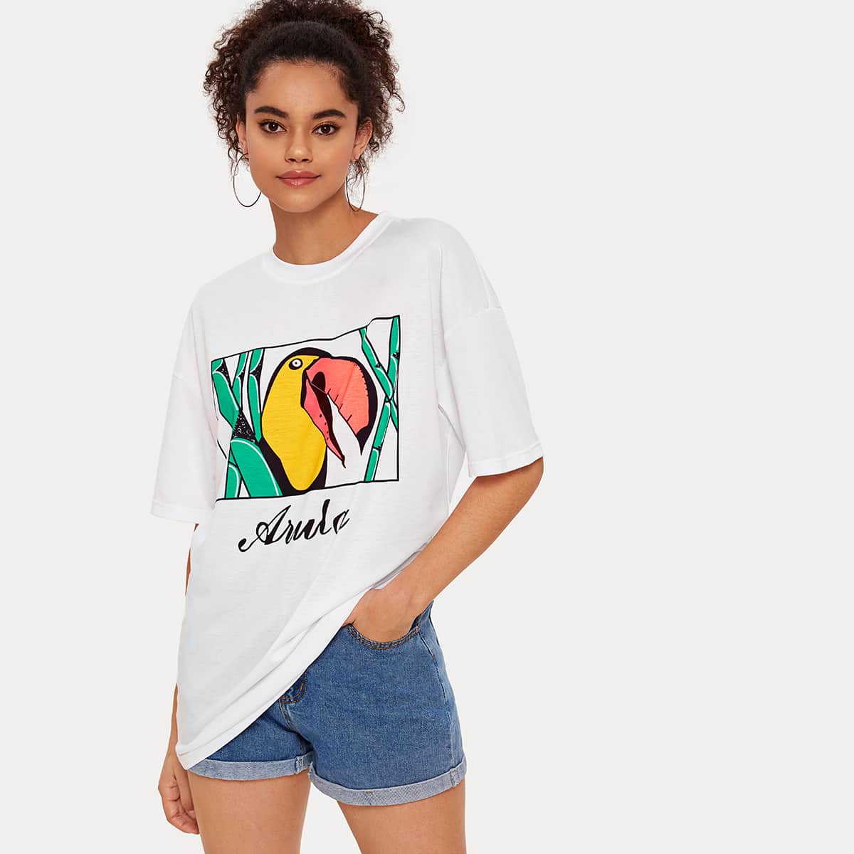 

Cartoon Bird & Letter Graphic Tee, White