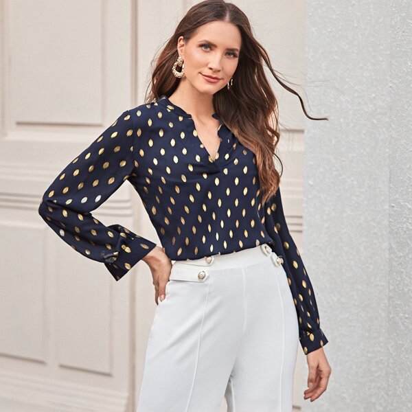 

Notch Neck Polka Dot Blouse, Navy