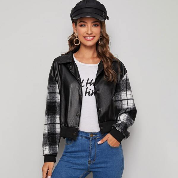 

Contrast Plaid Sleeve PU Leather Jacket, Black