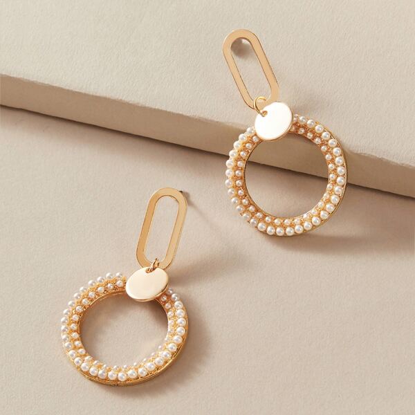 

1pair Disc Decor Faux Pearl Beaded Round Drop Earrings, Multicolor