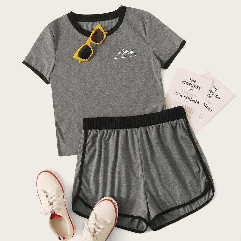 

Moon & Mountain Print Tee & Shorts, Grey