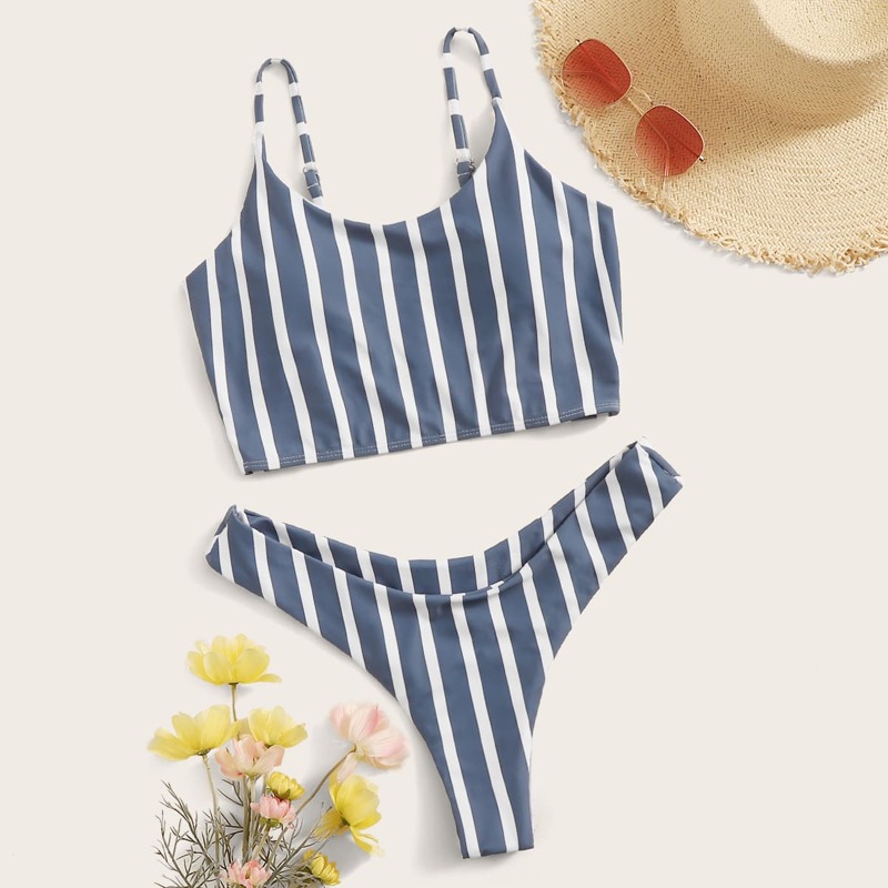 

Striped High Cut Bikini Swimsuit, Blue