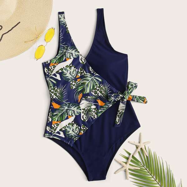 

Tropical Tie Waist One Piece Swimwear, Navy