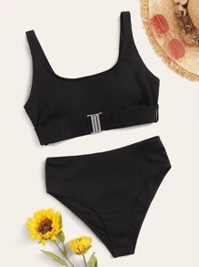 Conjunto de bikini de punto acanalado de cintura alta para verano en la playa - Negro - Ver 3