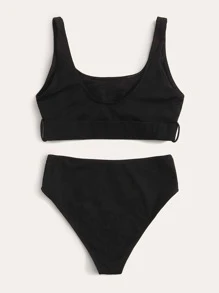 Conjunto de bikini de punto acanalado de cintura alta para verano en la playa - Negro - Ver 2