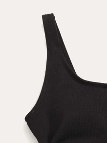 Conjunto de bikini de punto acanalado de cintura alta para verano en la playa - Negro - Ver 4