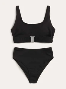 Conjunto de bikini de punto acanalado de cintura alta para verano en la playa - Negro - Ver 6