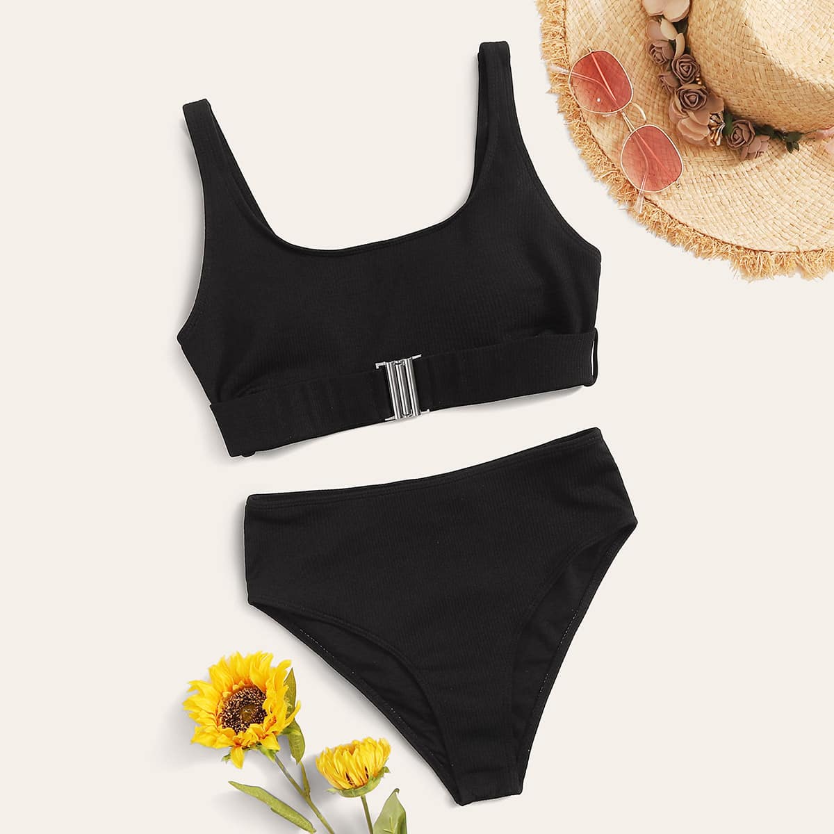 

Rib Knit High Waisted Bikini Swimsuit, Black