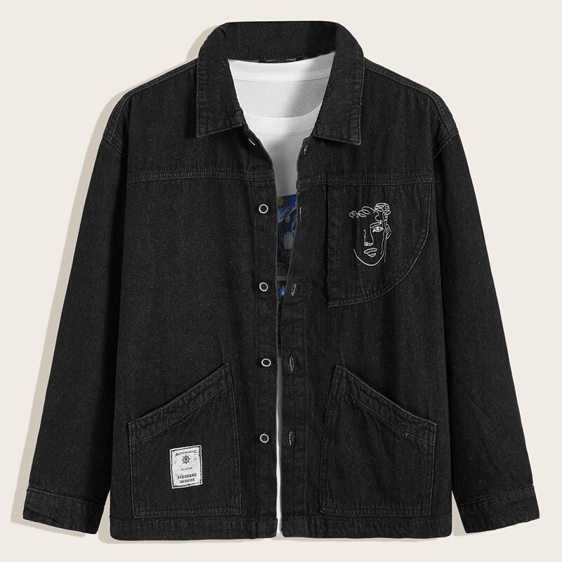 

Guys Figure & Letter Graphic Denim Jacket, Black
