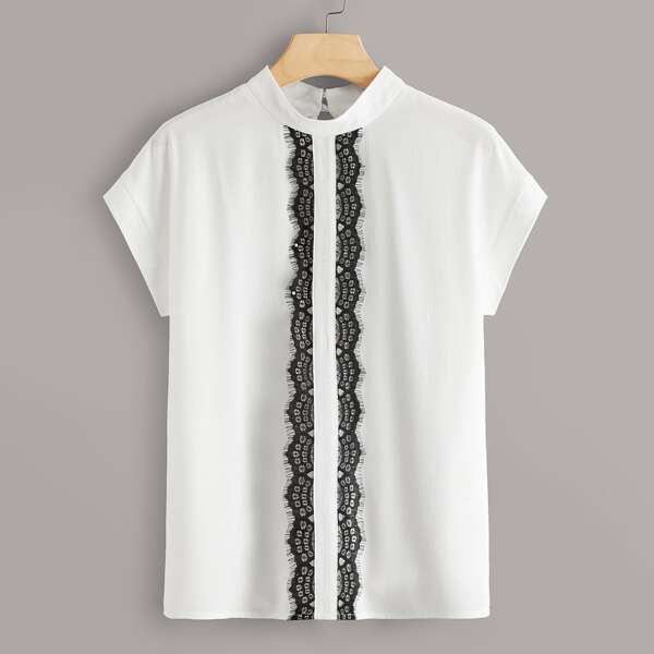

Contrast Lace Trim Keyhole Back Blouse, White