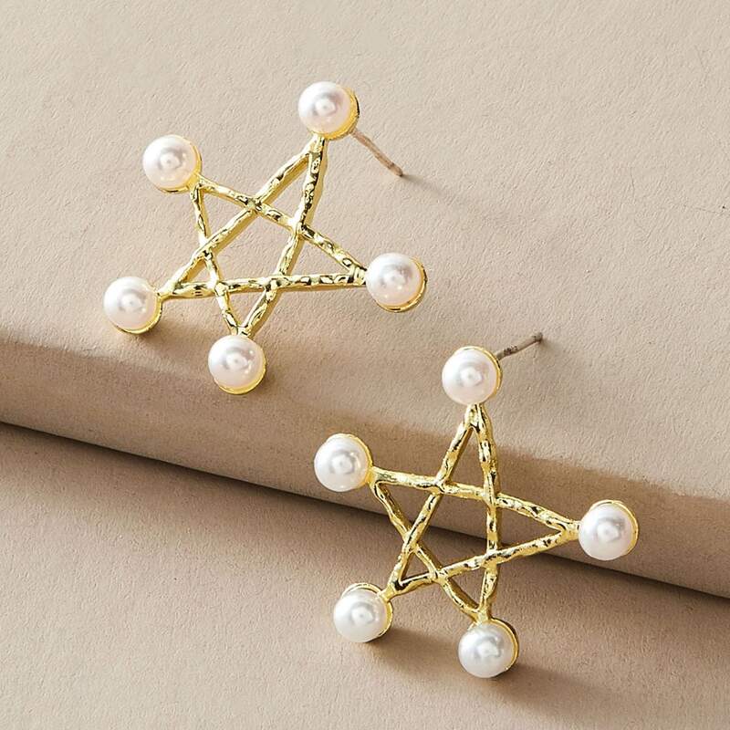 

1pair Faux Pearl Decor Star Stud Earrings, Multicolor