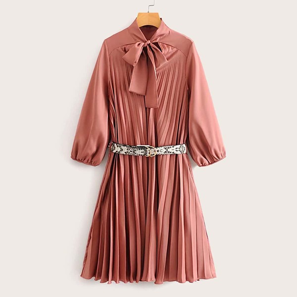 

Tie Neck Pleated Belted Dress, Pink